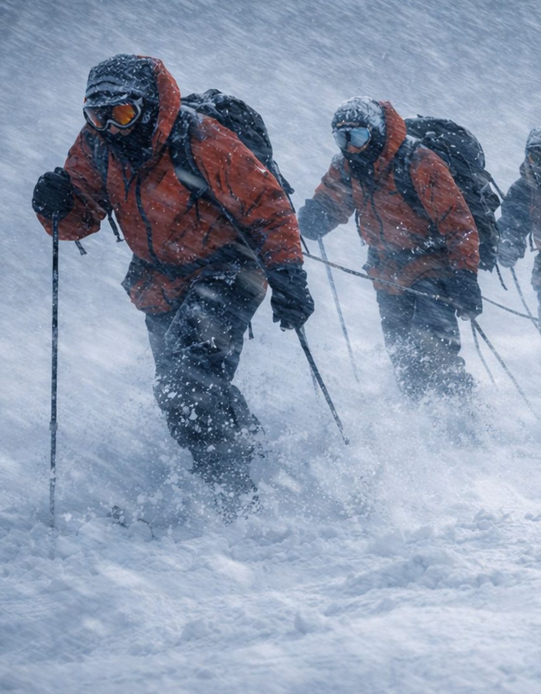 Un equipo de montañistas avanza en fila, unido por cuerdas, en medio de una tormenta de nieve.