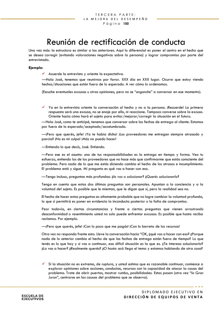 Página 150 del manual: reunión de rectificación de conducta.